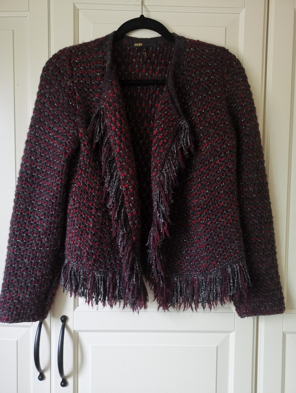 MAJE Metallic Fringe Trim Knit Open Front Cardigan Jacket Red Black Size 2 / M